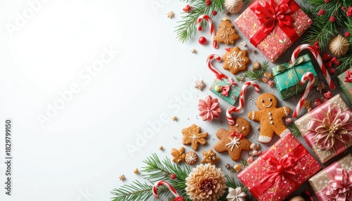 Festive Christmas arrangement with gifts and gingerbread cookies on a light background Generative AI