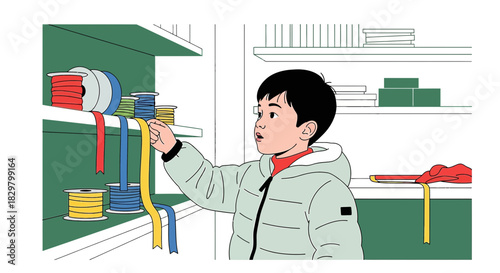 Enthusiastic young artisan selecting colorful ribbons for a creative crafting project
