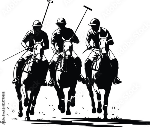 Three polo players on horseback in silhouette with mallets ready for a fast paced game