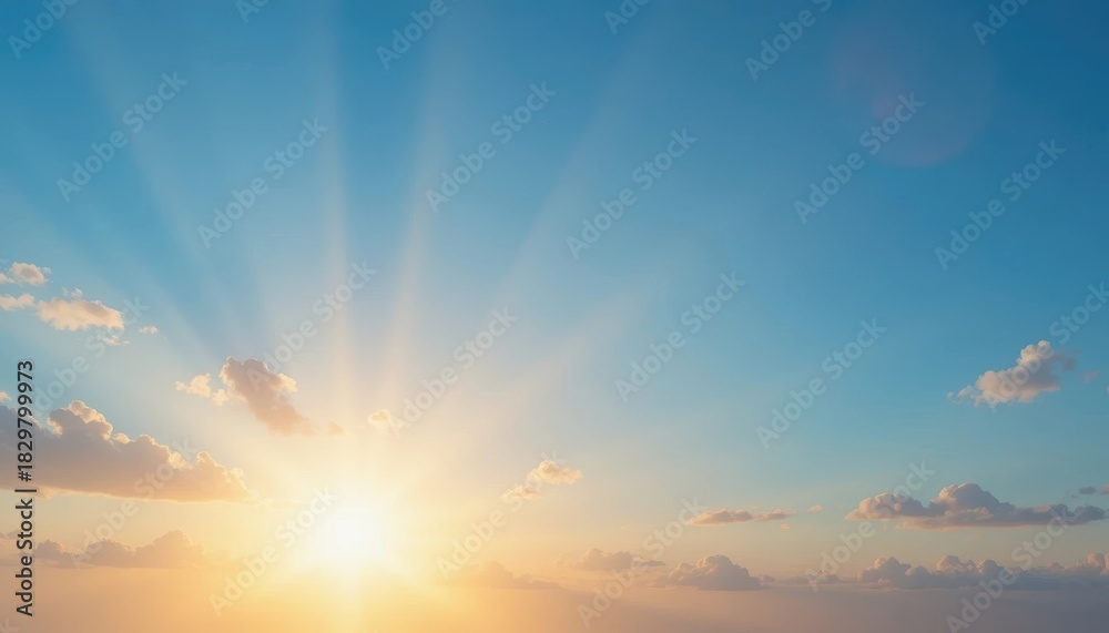 Fototapeta premium Beautiful sunrise over a clear blue sky with rays shining through clouds Generative AI
