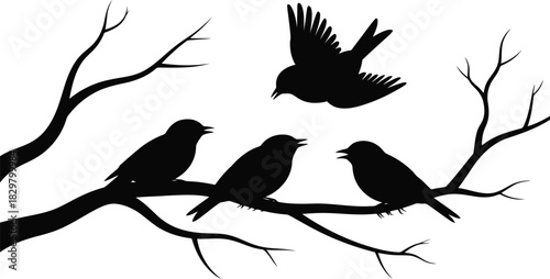 Three songbirds perch peacefully on a bare tree branch with another bird flying above them