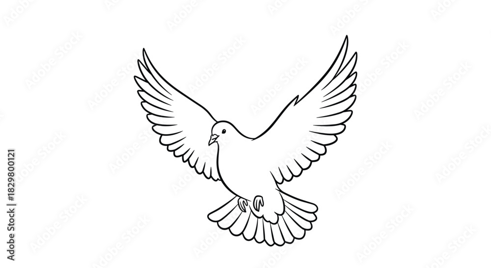 Fototapeta premium A simple black and white line art drawing of a beautiful dove flying with its wings spread wide as a symbol of peace.