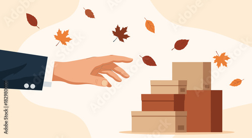 A businessman's hand reaches for a stack of cardboard boxes during an autumn sale with falling leaves representing seasonal delivery.