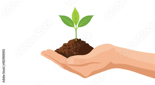 A person's hand carefully holds a small green plant in a handful of soil for an environmental or growth concept.