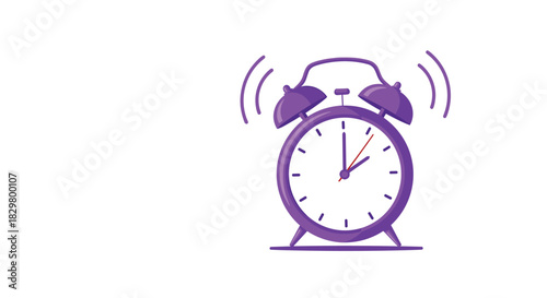 A vibrant purple twin bell alarm clock is ringing loudly to wake someone up on a clean white background with copy space.