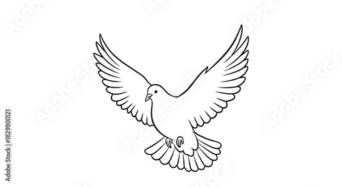 A simple black and white line art drawing of a beautiful dove flying with its wings spread wide as a symbol of peace.
