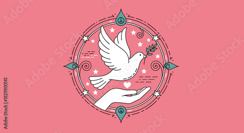 A beautiful illustration of hands releasing a white dove of peace with an olive branch in a decorative circular frame.