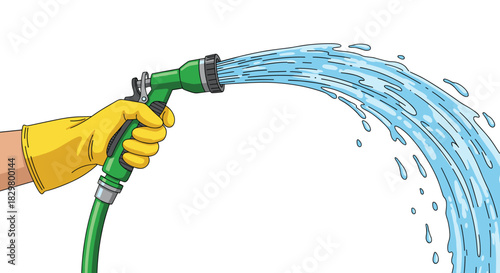 A hand in a yellow protective glove holds a green garden hose spraying a powerful stream of water for cleaning or gardening.