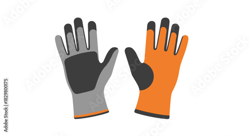 A pair of protective work gloves in orange and gray for construction gardening or manual labor isolated on a white background.