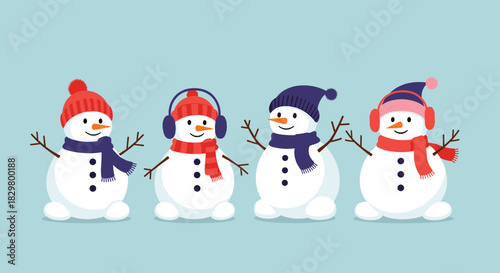 A cute collection of four happy snowmen wearing colorful winter hats and scarves on a light blue background for christmas.
