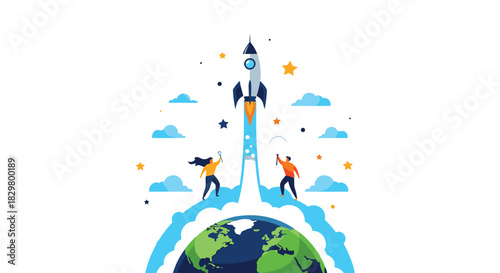 A business team of two people launches a rocket from the planet Earth symbolizing a successful new company startup project.