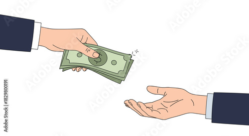 One businessman's hand gives a stack of dollar bills to another person's open hand as a payment or bribe concept.