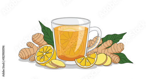 A warm glass mug of healthy ginger tea with lemon slices and fresh ginger root for a natural cold and flu remedy.