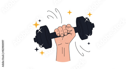 A strong hand firmly grips a heavy black dumbbell with sparkles around it to show the power of weightlifting and fitness.