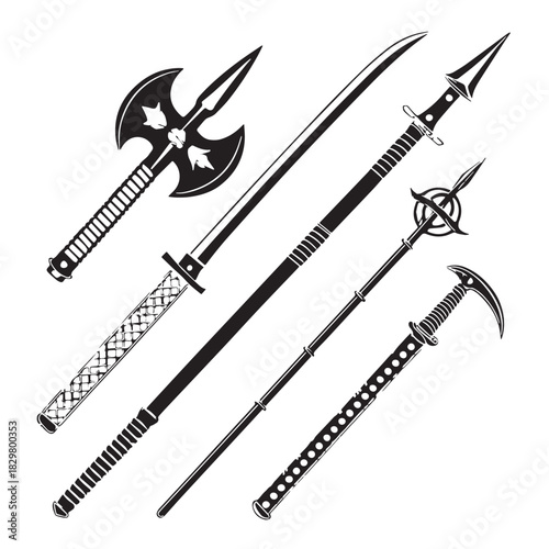 Black polearm techniques global halberd nagina Silhouette Vector, High Quality Illustration on White Background