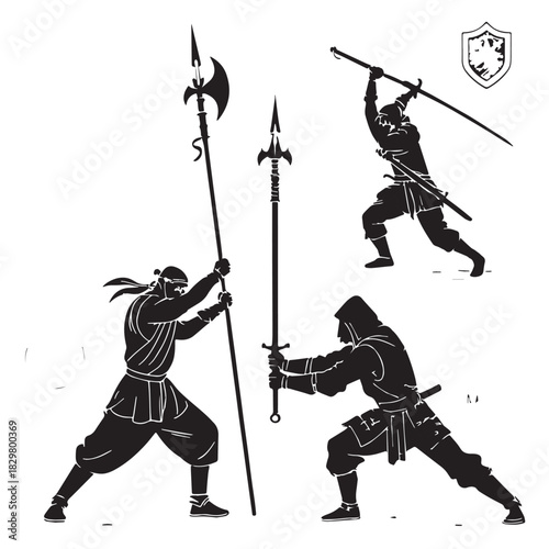 Black polearm techniques global halberd nagina Silhouette Vector, High Quality Illustration on White Background