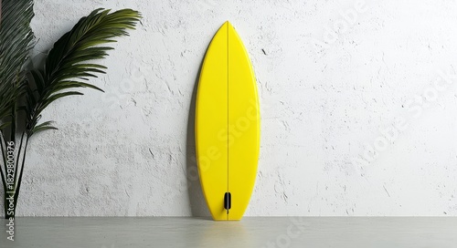 A vibrant yellow surfboard against a clean backdrop enhances summer excitement.
