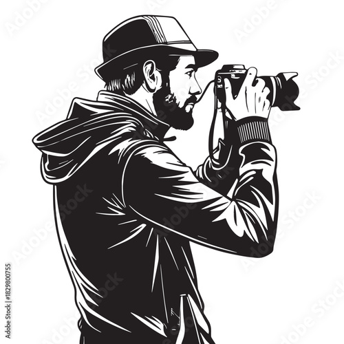 Black photography man with camera Silhouette Vector, High Quality Illustration on White Background