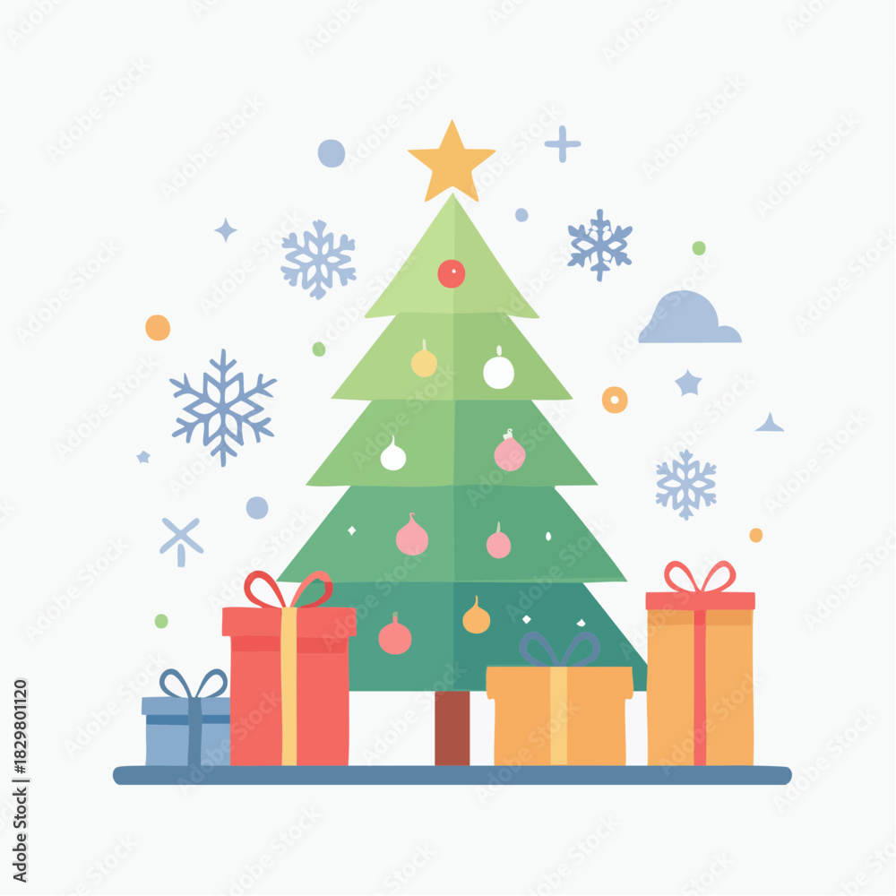 Obraz premium Christmas tree with star and ornaments, surrounded by colorful gift boxes and snowflakes.