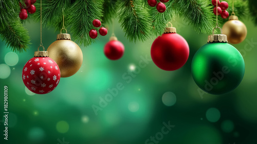 Brightly colored Christmas ornaments dangle from lush evergreen branches. Soft blurred background adds festive atmosphere. Concept of holiday decoration, celebration, winter festivities