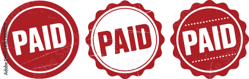 Three vibrant red paid grunge stamps with circular and scalloped edges for financial documents