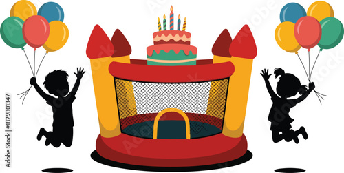 Two joyful children leap high with balloons beside a cheerful inflatable bounce house and birthday cake
