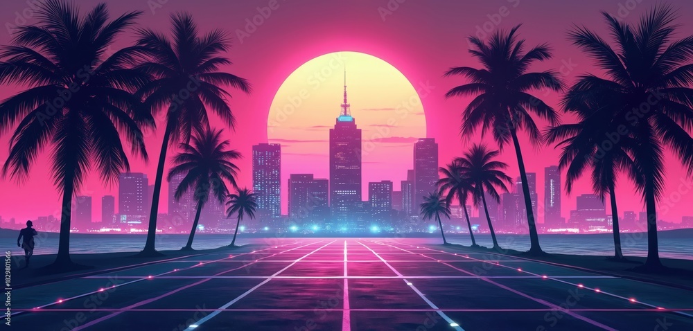 Naklejka premium Vibrant synthwave sunset over Miami skyline with palm trees. Retro cityscape by ocean. Neon lights glow on grid pattern road. Silhouette jogger runs near water.