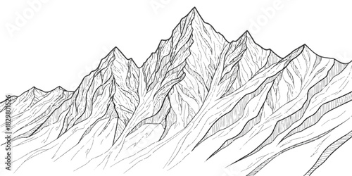 Detailed hand drawn mountain range peaks with textured lines isolated on white background