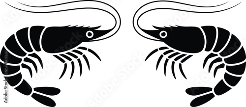 Two sleek black shrimp silhouettes facing each other with prominent antennae on a plain white background