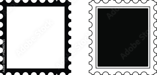 Simple vector illustration showing two postage stamp frames one with white fill and one with solid black