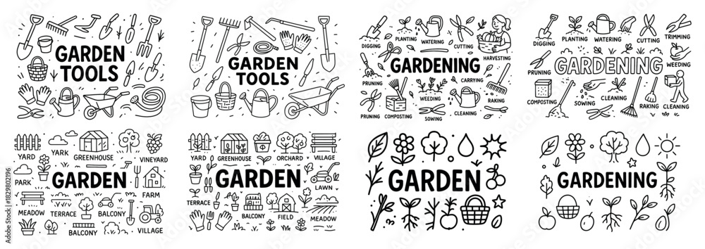 Fototapeta premium Garden tools and activities line art collection