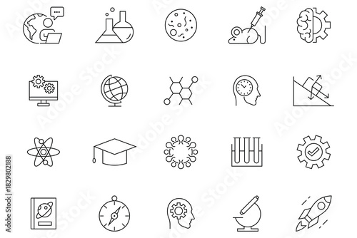 Set of science vector icons in line style. Laboratory equipment icons. School supplies and educational elements. Chemistry, planet, flask, services, layers, sun, science and more. Vector illustration.