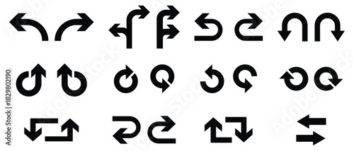 Mega set of direction arrow symbol icons. Circle arrows, rotate arrow, spinning loading symbol. Arrow template set. Driving direction mark, location point crossroad. Vector illustration.