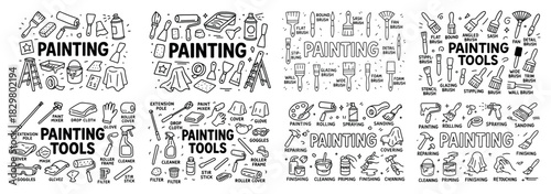 Hand-drawn painting tools collection with labels