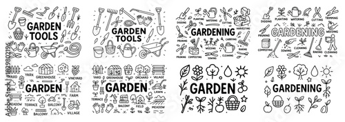 Garden tools and activities line art collection