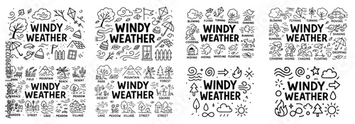 Windy weather icons and elements collection