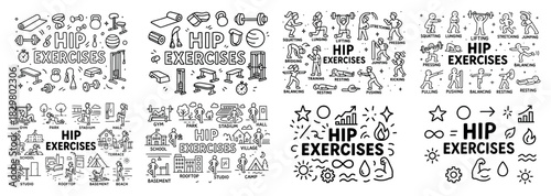 Hip exercises: diverse settings and techniques illustrated