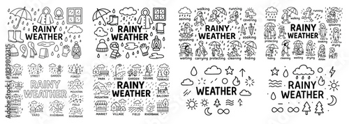 Rainy weather icon set with activities and scenes
