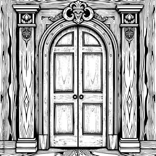 An intricately detailed black-and-white line art illustration of an old wooden door with a carved horseshoe arch, diamond-paneled sections, and ornate trim. The symmetrical composition resembles a tra