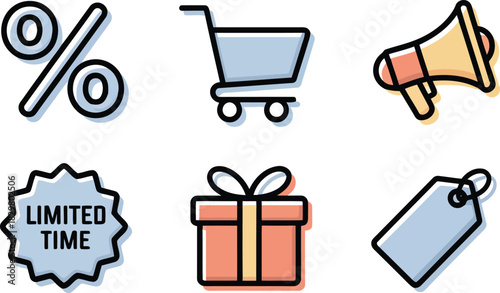 Various colorful flat outline icons representing online shopping and promotional offers