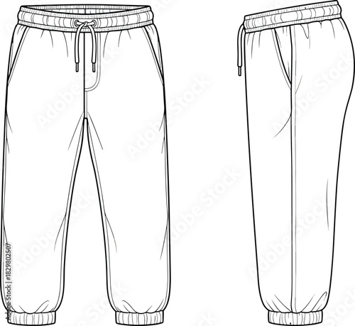 Technical flat sketch of jogger pants with waistband, drawstring, pockets, cuffed hem, construction lines, and garment details