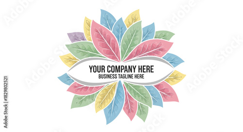 Pastel floral logo template with colorful leaves and customizable business text placeholder