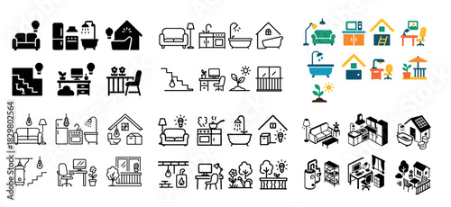 Home furniture and decor icons set