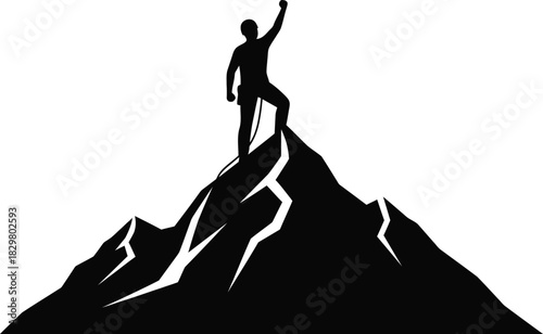 Black silhouette vector illustration of a triumphant person on a mountain peak, symbolizing success, ambition, and overcoming challenges to achieve goals