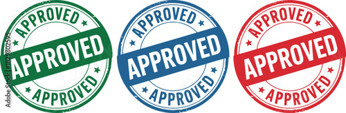 These three vibrant green blue and red grunge rubber stamps signify official approval or acceptance