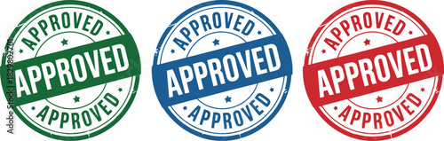 These three vibrant green blue and red grunge rubber stamps signify official approval or acceptance