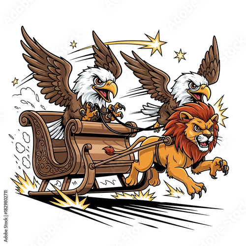 Cartoon lion pulling a sleigh with eagles flying above in a dynamic scene