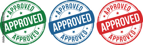 These three vibrant green blue and red grunge rubber stamps signify official approval or acceptance
