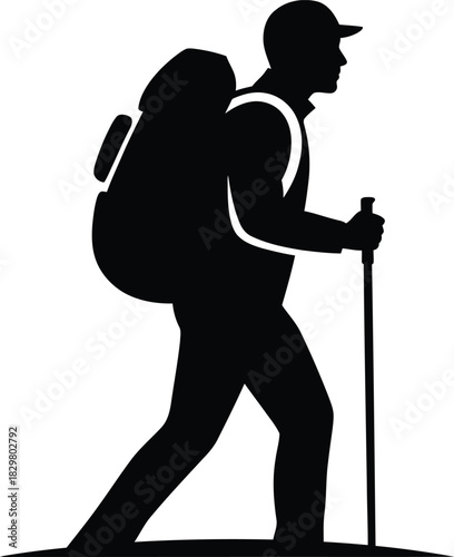 Clean black silhouette of an adventurer embarking on an outdoor journey, walking with a large backpack and a trekking pole, rendered as a minimalist side view vector illustration