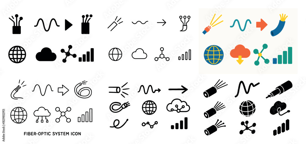Naklejka premium Fiber-optic icon set with connectivity symbols